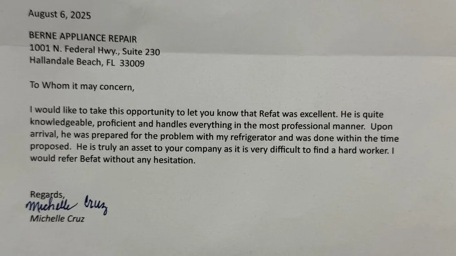 Hand-signed thank-you letter from a Cooper City customer after a refrigerator repair