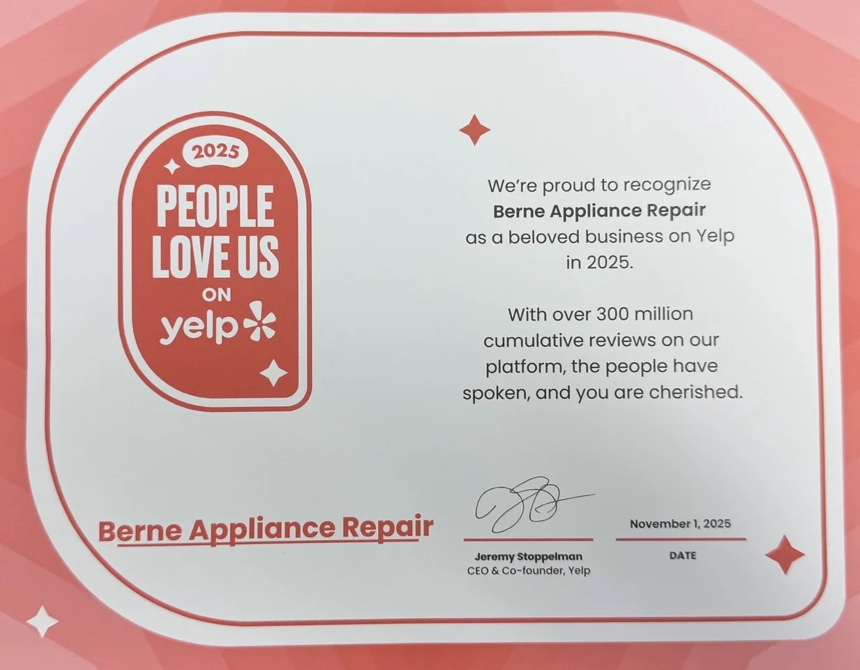 People Love Us on Yelp 2025 certificate awarded to the Berne-Norma appliance repair team