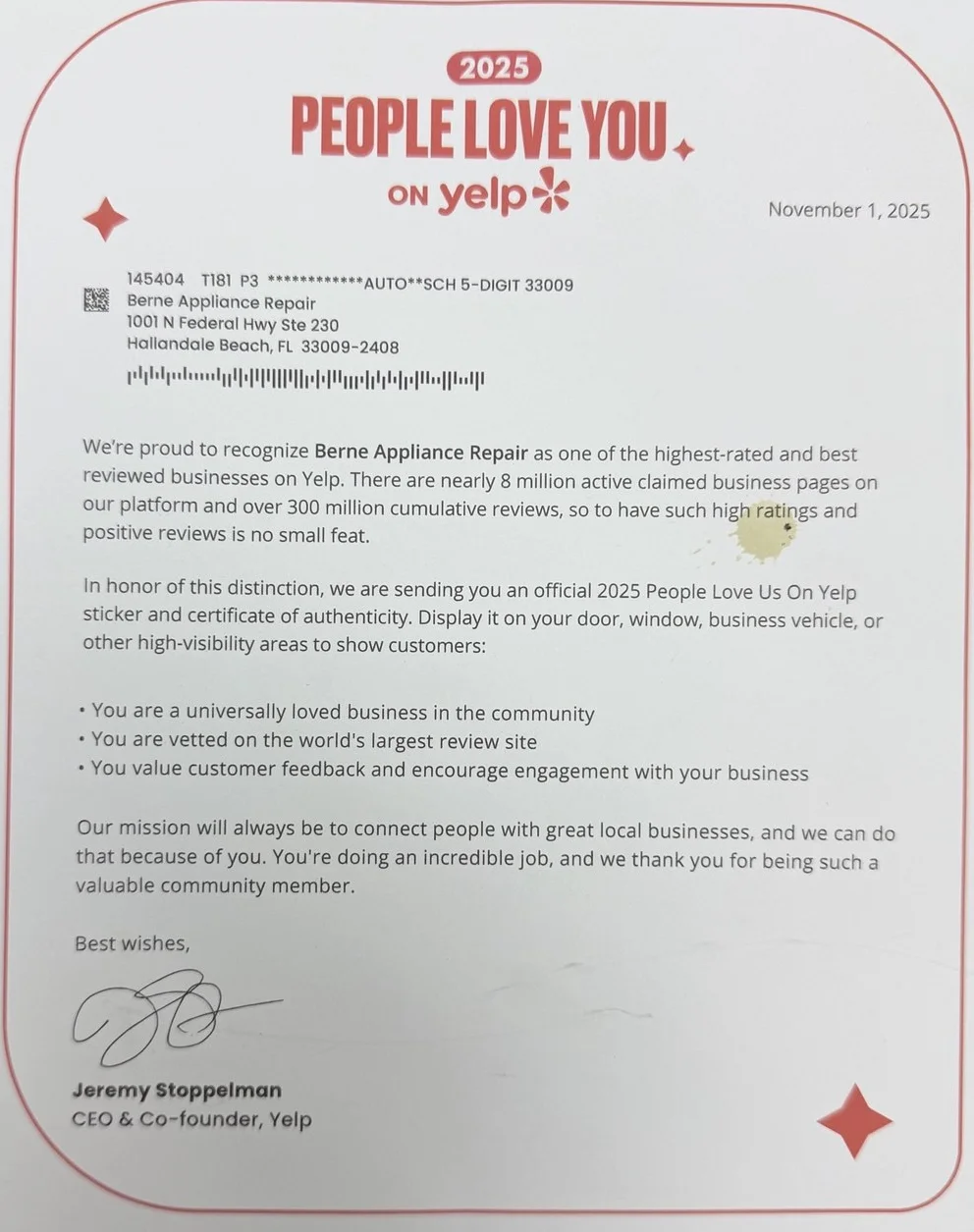 Official 2025 People Love You on Yelp recognition letter